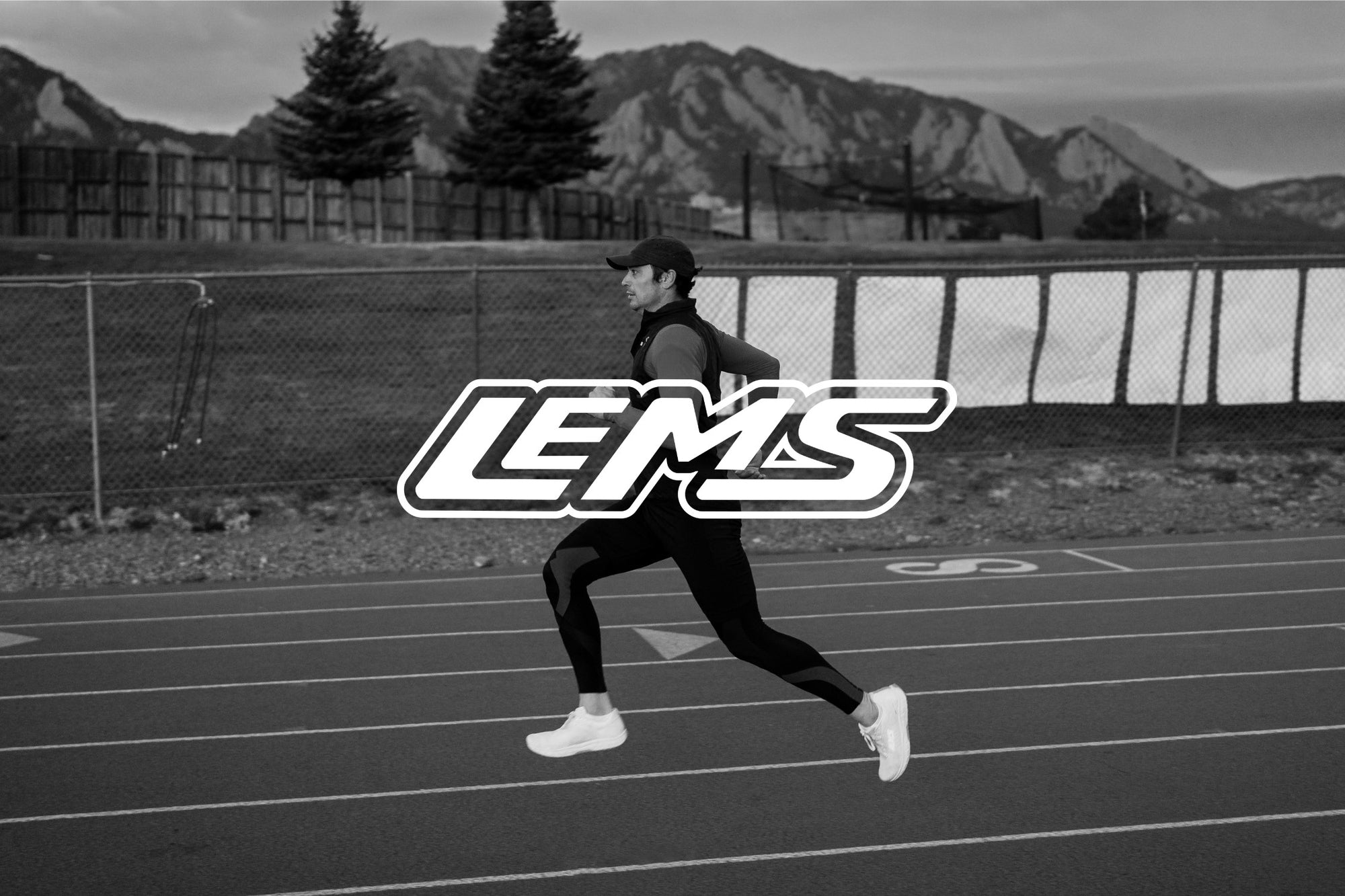Lems Fast Logo overlayed on photo of Andrew running on a track