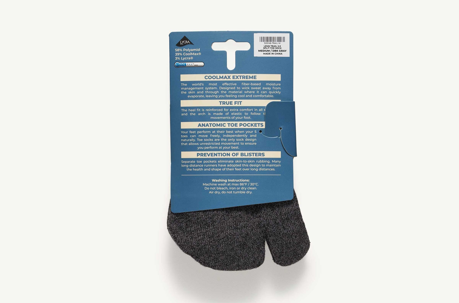 Lems Trail Split Toesock - Dark Gray